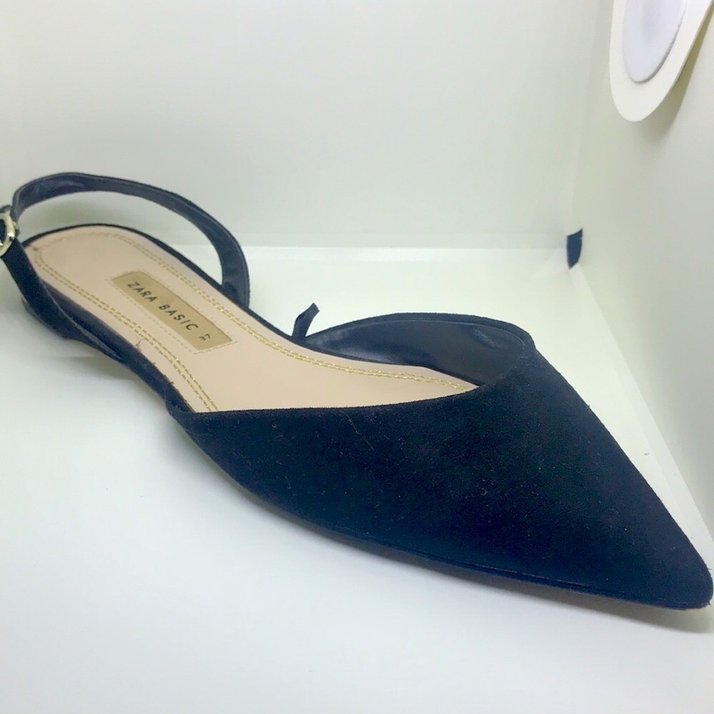 Zara Basic | Black | Gold Heel | EU Size 37 | Sling | Pointed Toe | Suede | Flat